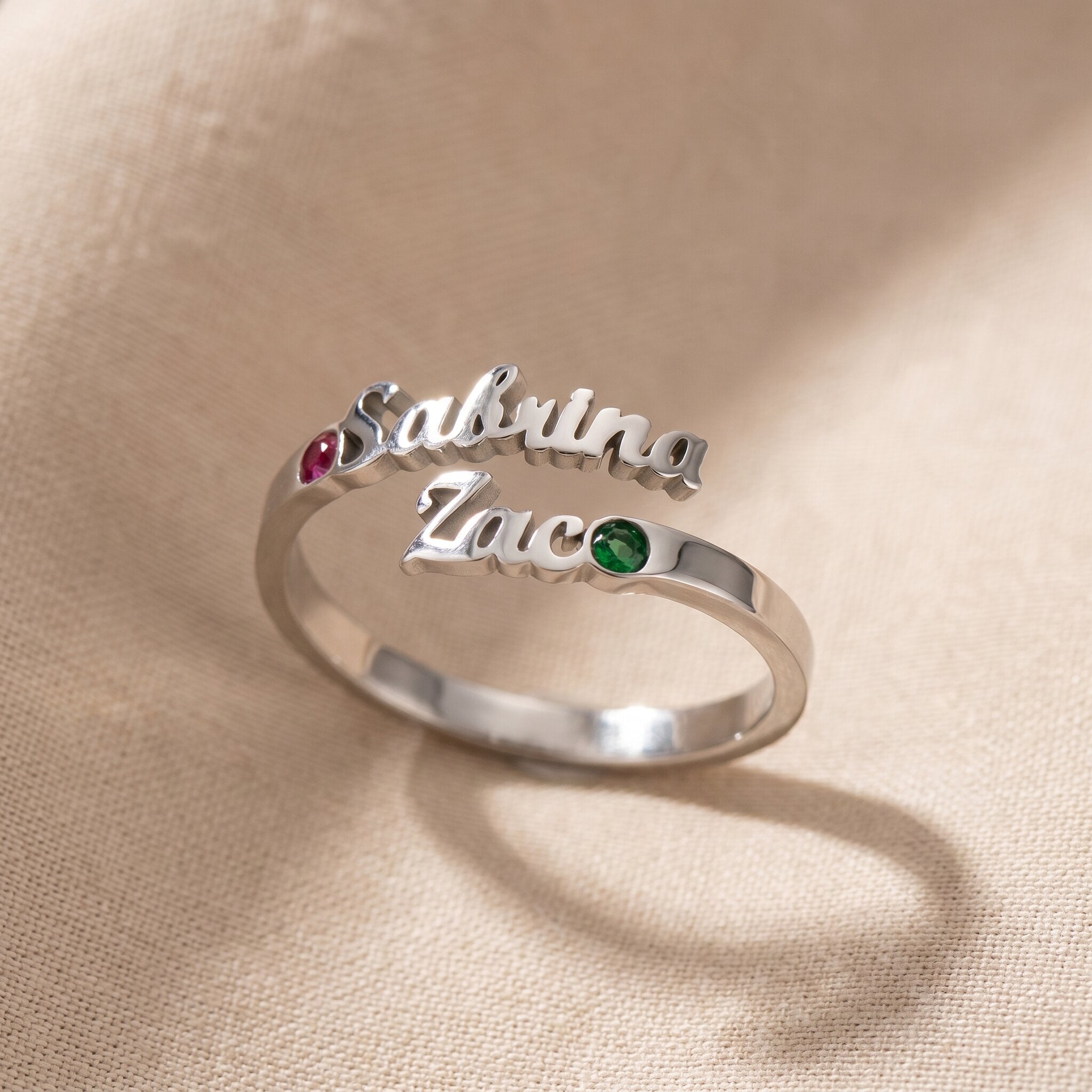 Dual Name Rings Double Name Personalised Ring | Two Name Ring with Birthstones | Belle ...