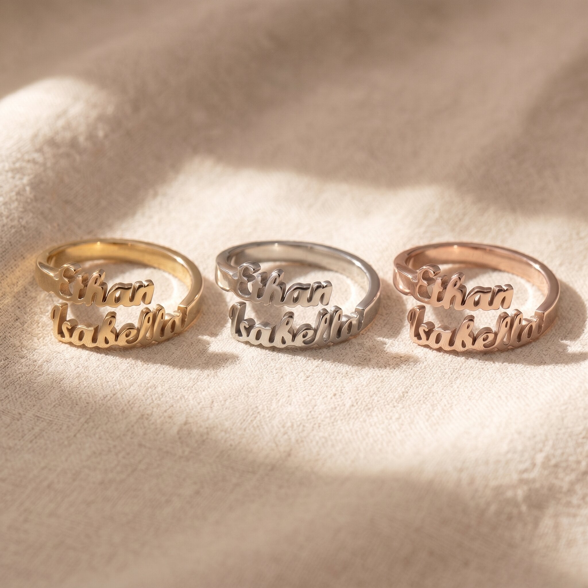 Dual Name Rings Double Name Personalised Ring | Two Name Ring with Birthstones | Belle ...