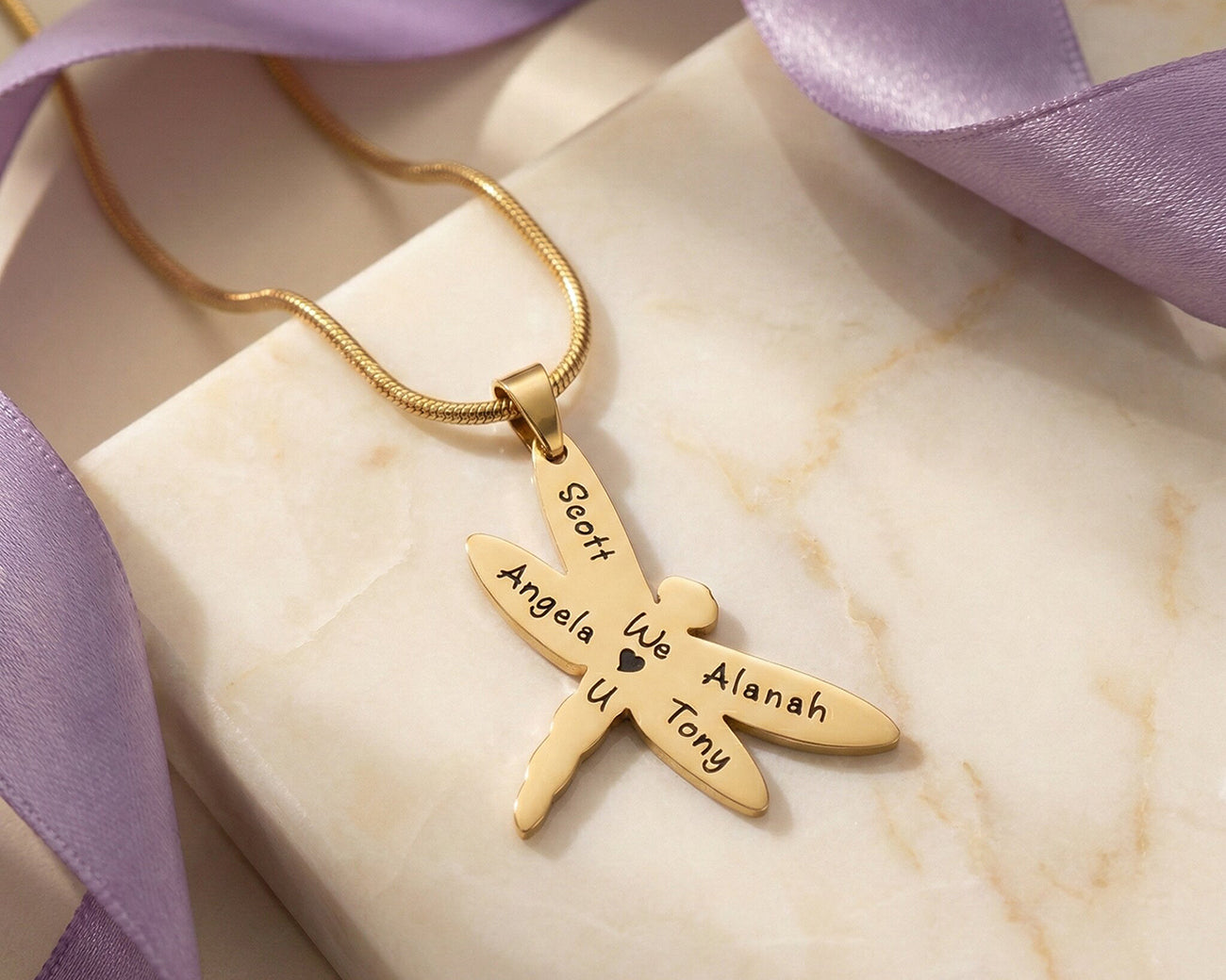 Belle Fever Dragonfly Necklace with Custom Engraved Names, symbolic transformation jewellery gift inspired by nature.
