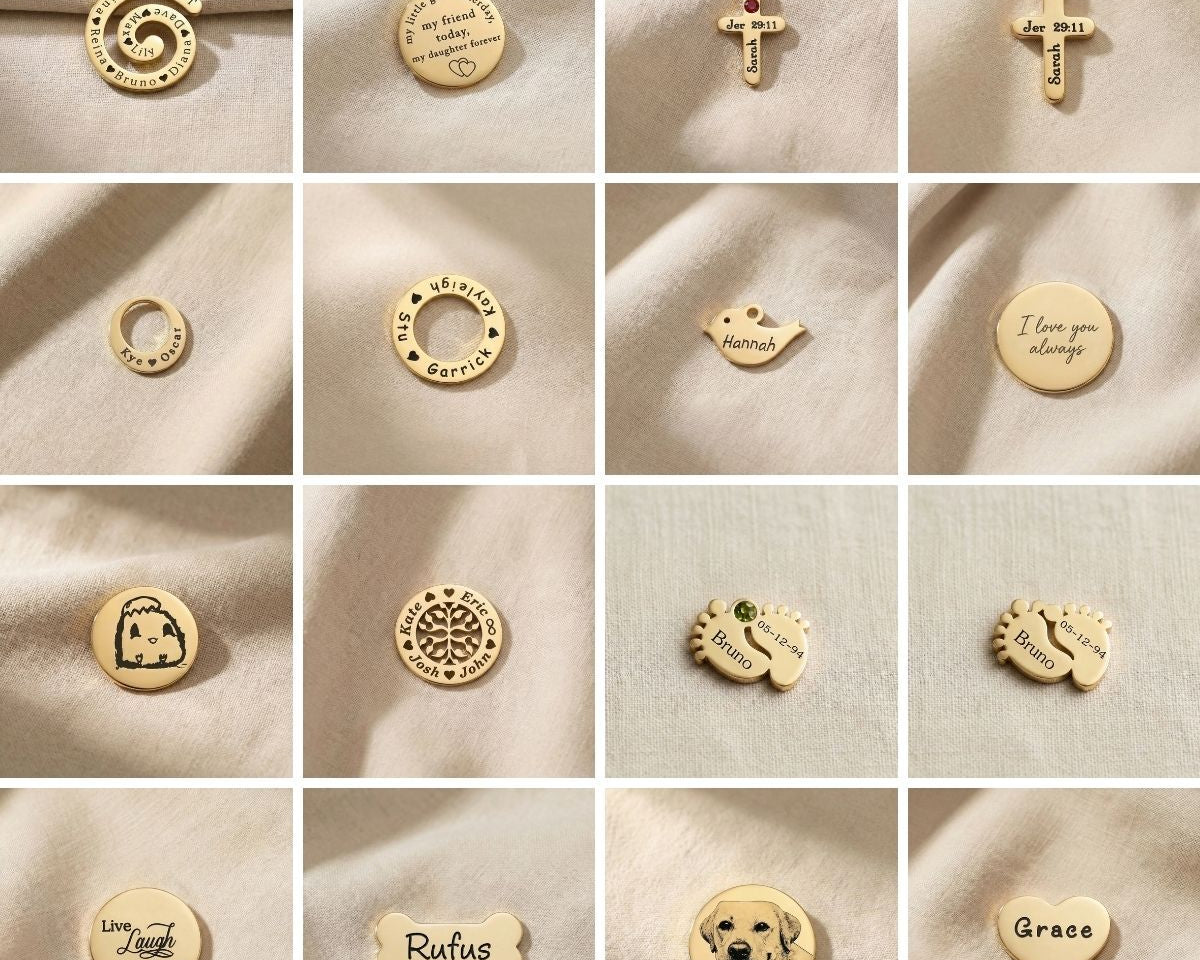 Dream locket charms selection showing initials, symbols, animals and engraved disc inserts