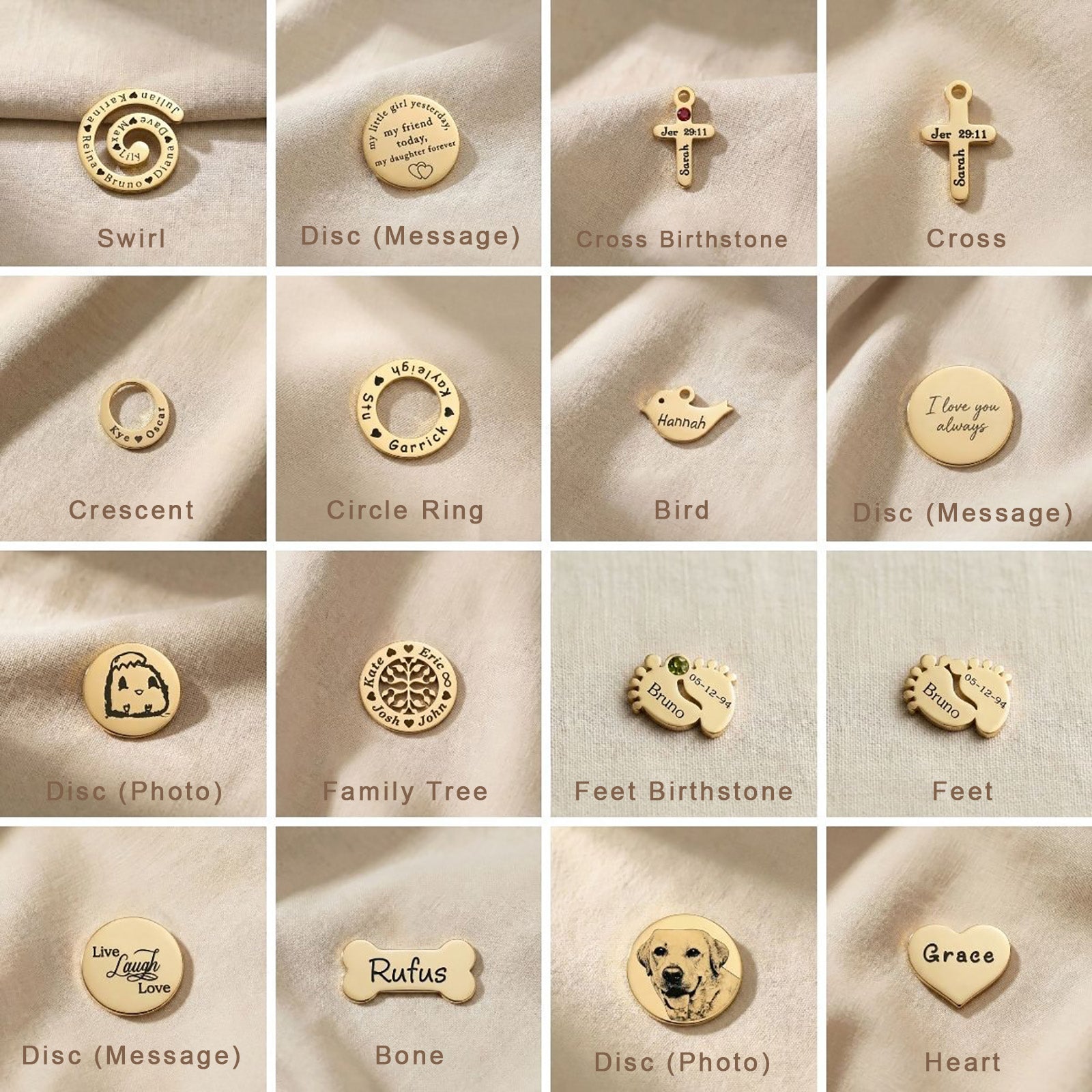 Dream locket charms selection showing initials, symbols, animals and engraved disc inserts