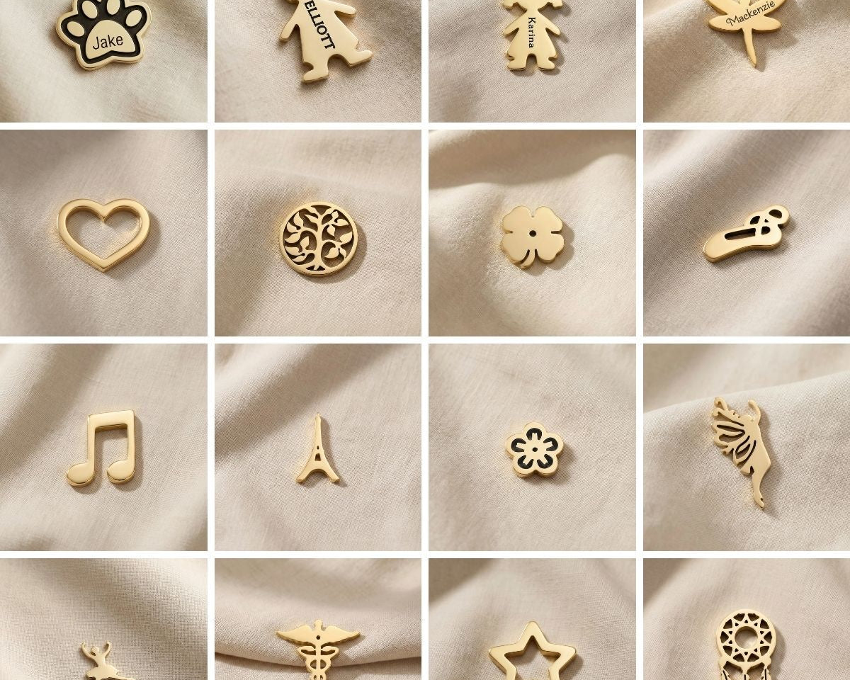 Dream locket charms collection with family figures, symbols, letters and decorative inserts