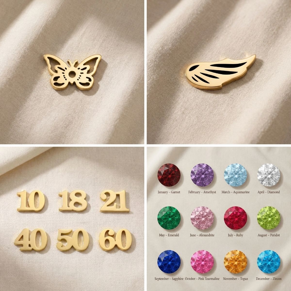 Dream locket charms showing butterfly, wing, number charms and colourful birthstone options