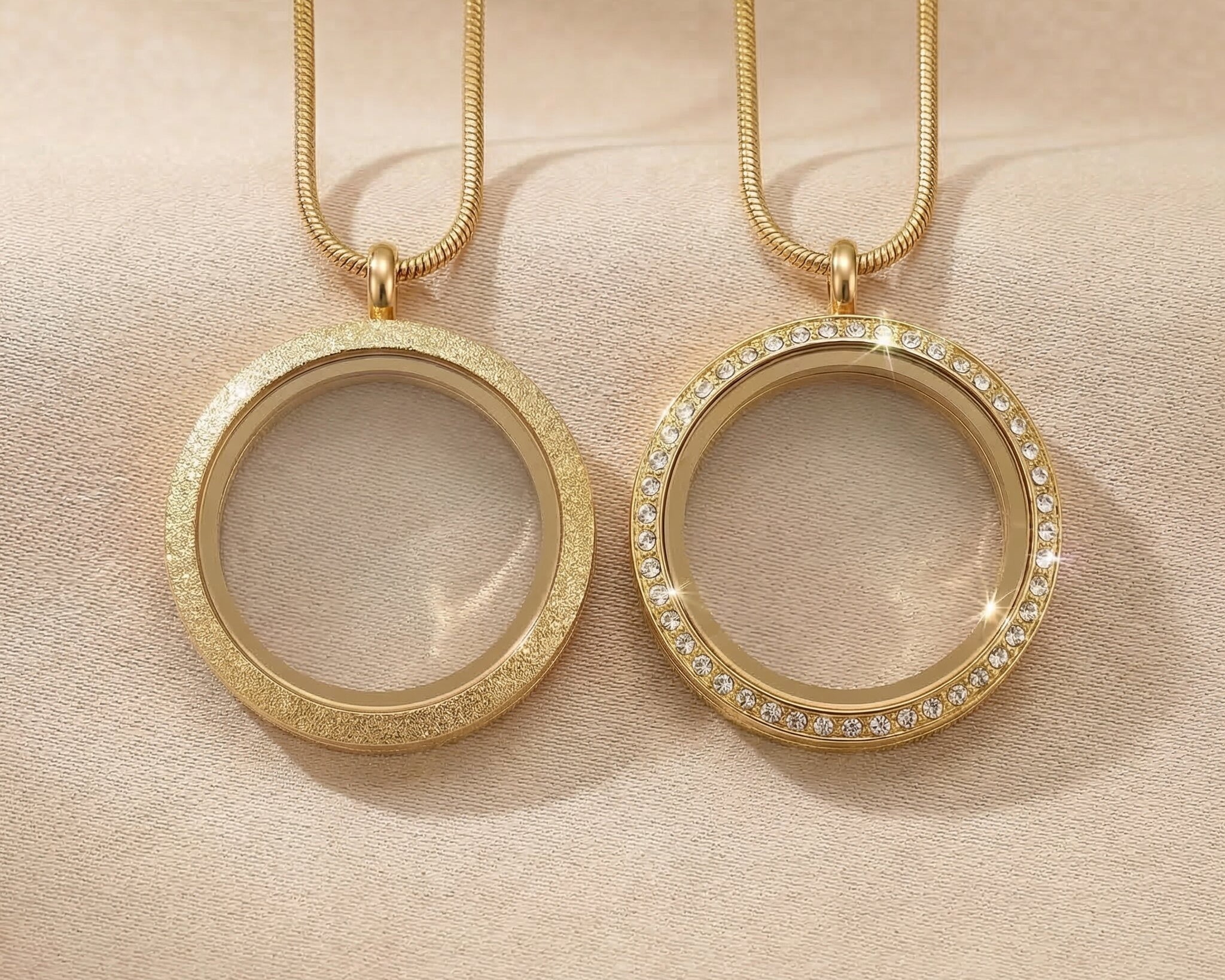 Dream locket necklace option showing sparkling and non-sparkling locket designs in gold finish