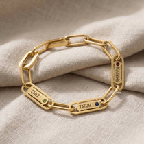 Endless Ties Bracelet in gold with engraved name on link, classic personalised jewellery