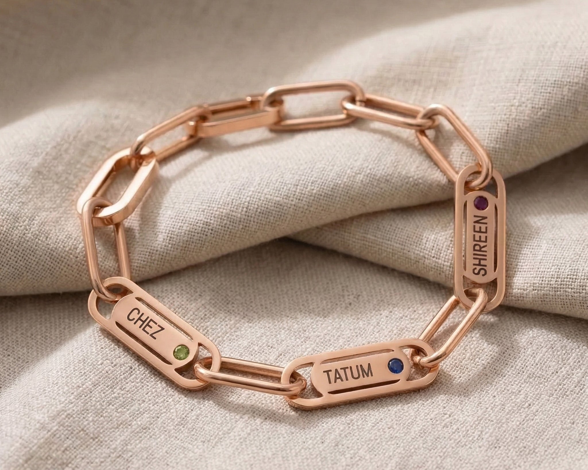 Endless Ties Bracelet in rose gold with engraved name detail, elegant personalized name link bracelet