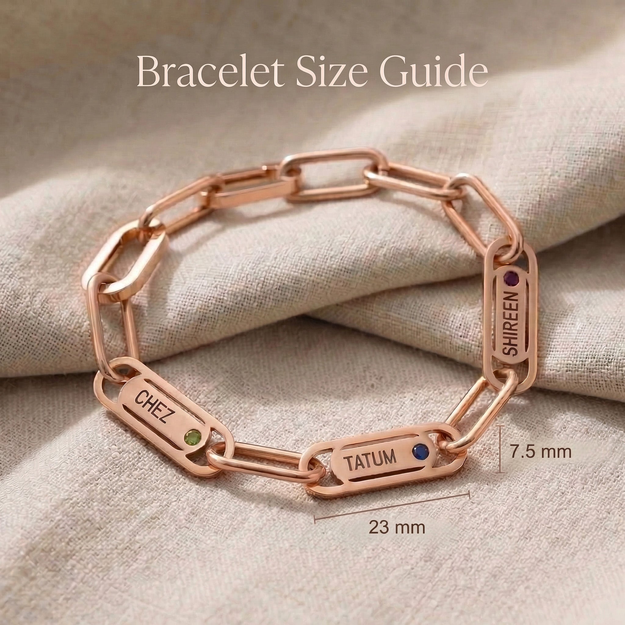Endless Ties Bracelet size guide showing bracelet length and name link dimensions for perfect fit