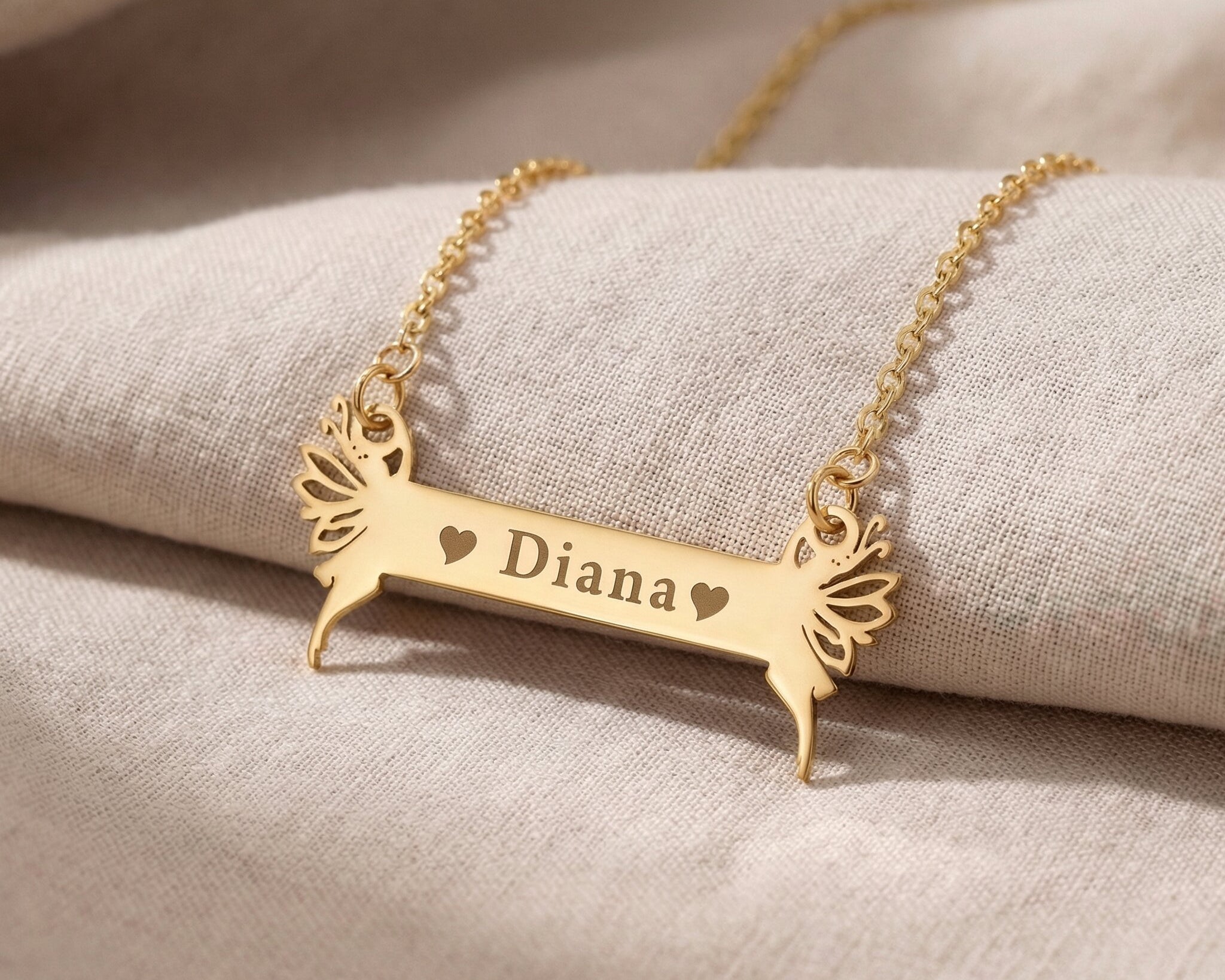 Fairy Name Bar Necklace in gold with custom name engraving, personalised jewellery piece