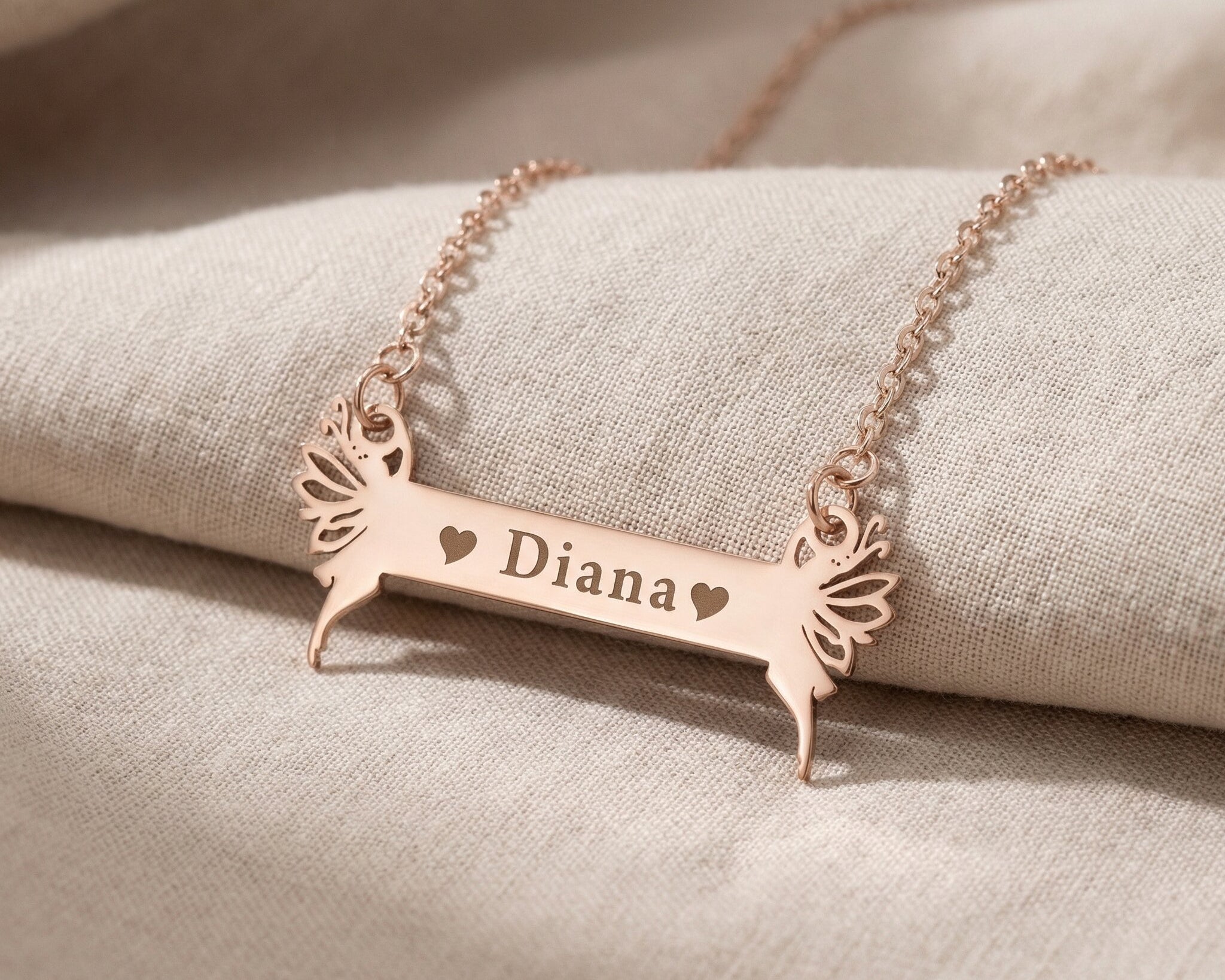 Fairy Name Bar Necklace in rose gold with engraved name, personalised jewellery hero image