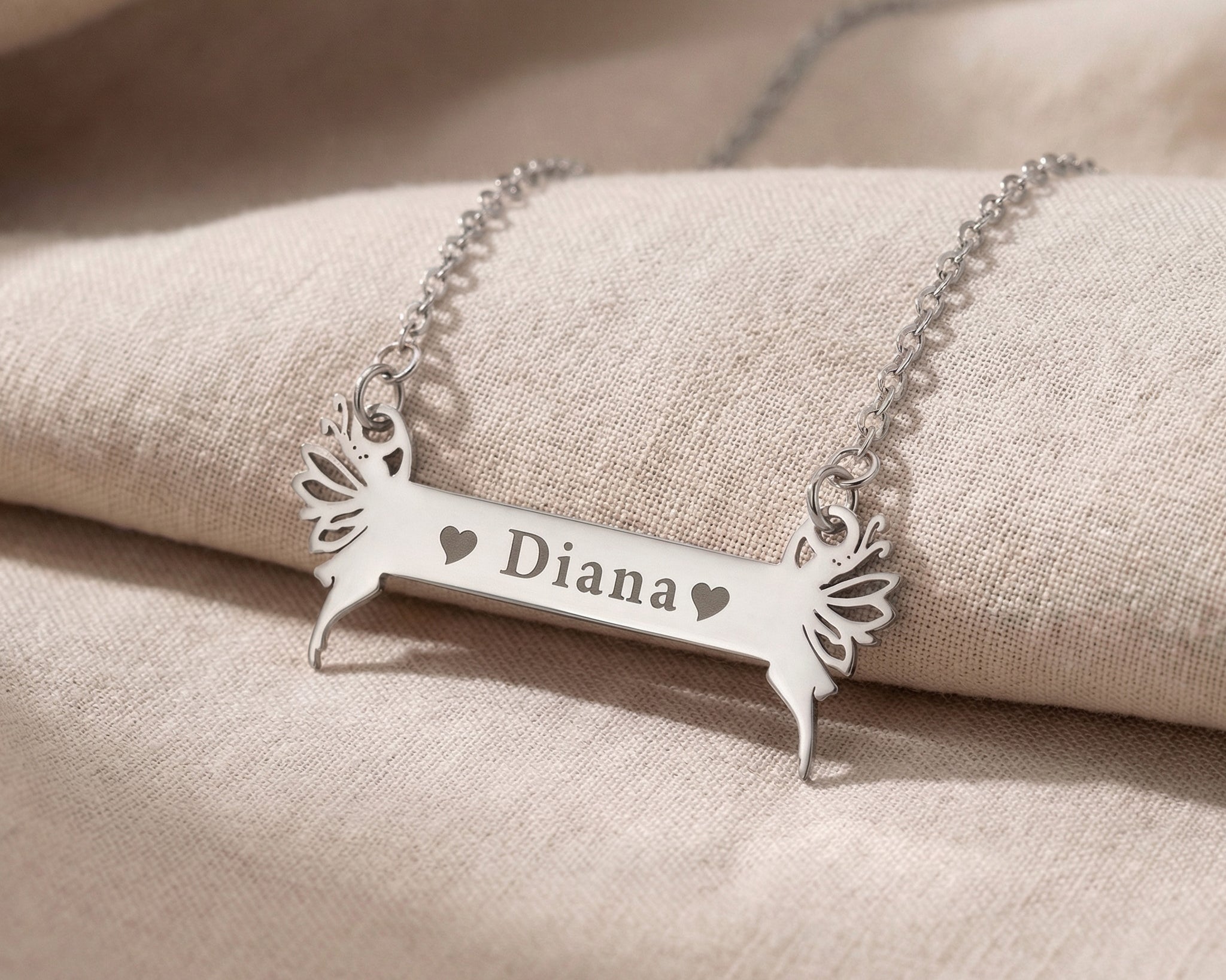 Fairy Name Bar Necklace in silver with custom name engraving, kids personalised jewellery