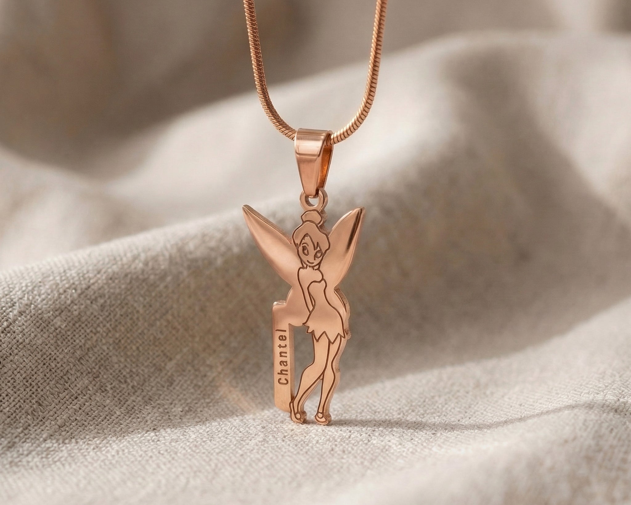 Fairy Name Necklace in rose gold with custom name design, personalised jewellery hero image