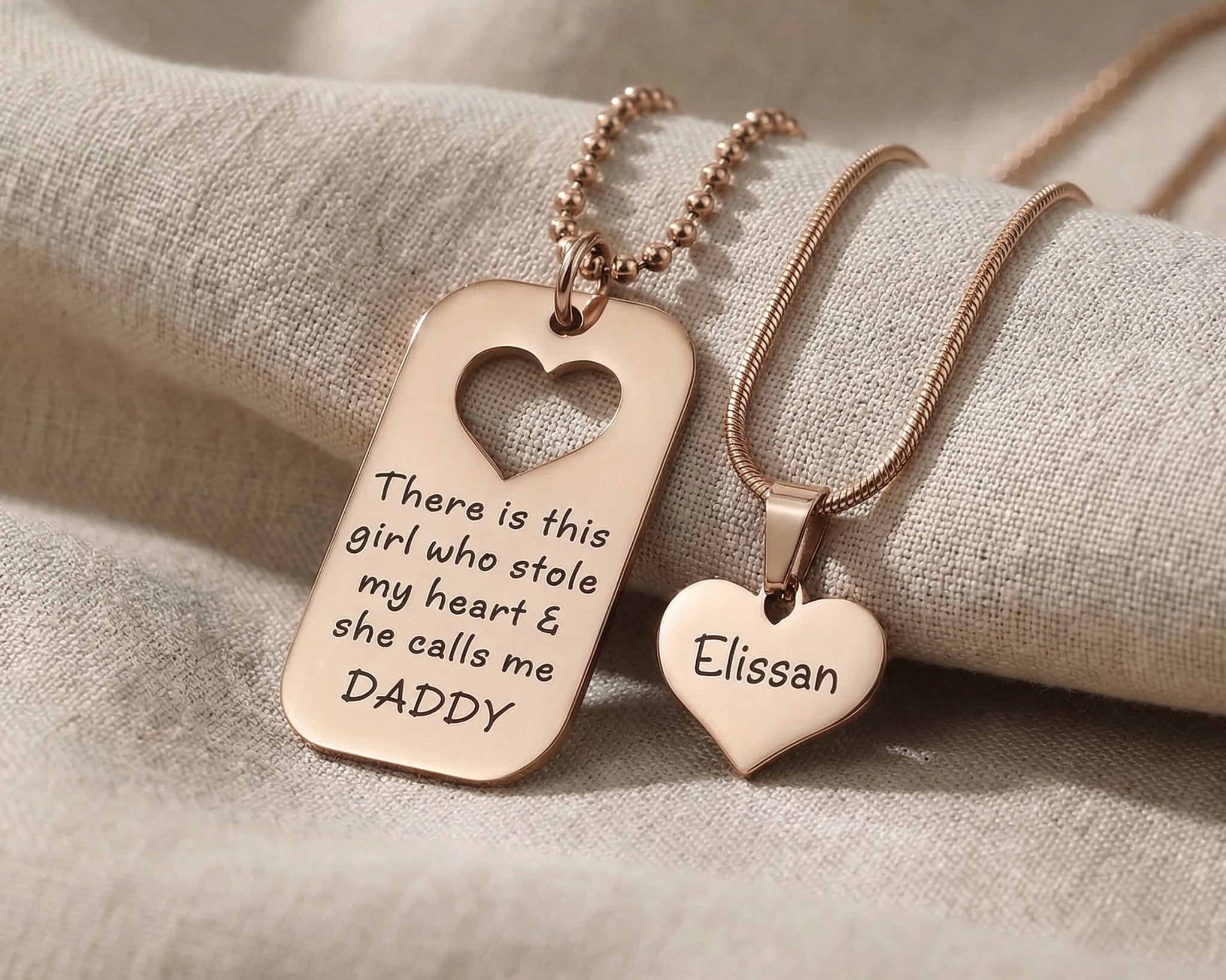 Father & Daughter Necklace Set in rose gold with engraved message and heart cut-out pendant