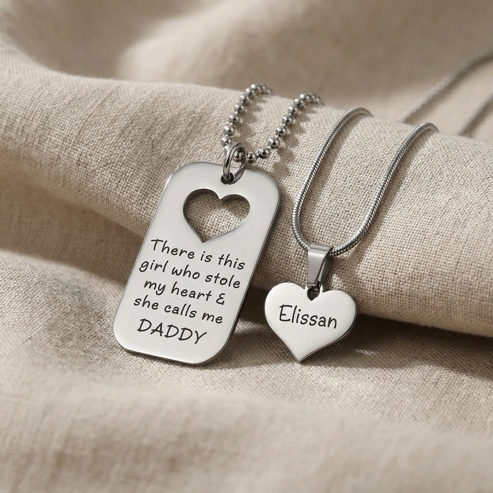 Father & Daughter Necklace Set in silver with engraved message and heart detail, meaningful jewellery gift