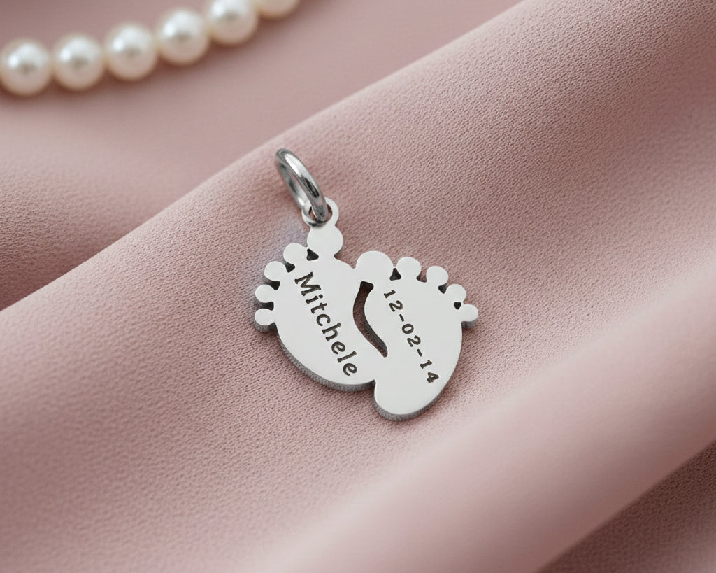 belle fever feet charm for keyring in silver, engraved name and date meaningful keepsake for mom