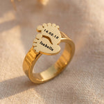 Footprint ring in gold with engraved baby name, meaningful mother jewellery gift