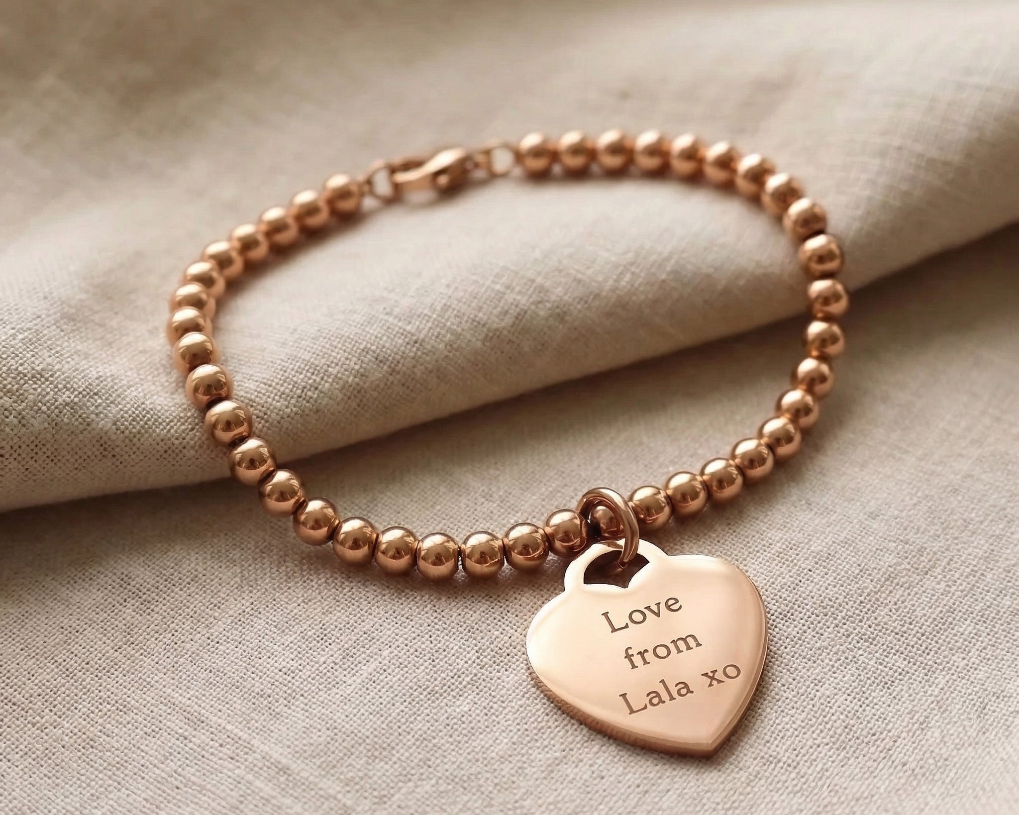 Forever In My Heart Charm Bracelet in rose gold with engraved heart charm, personalised jewellery piece
