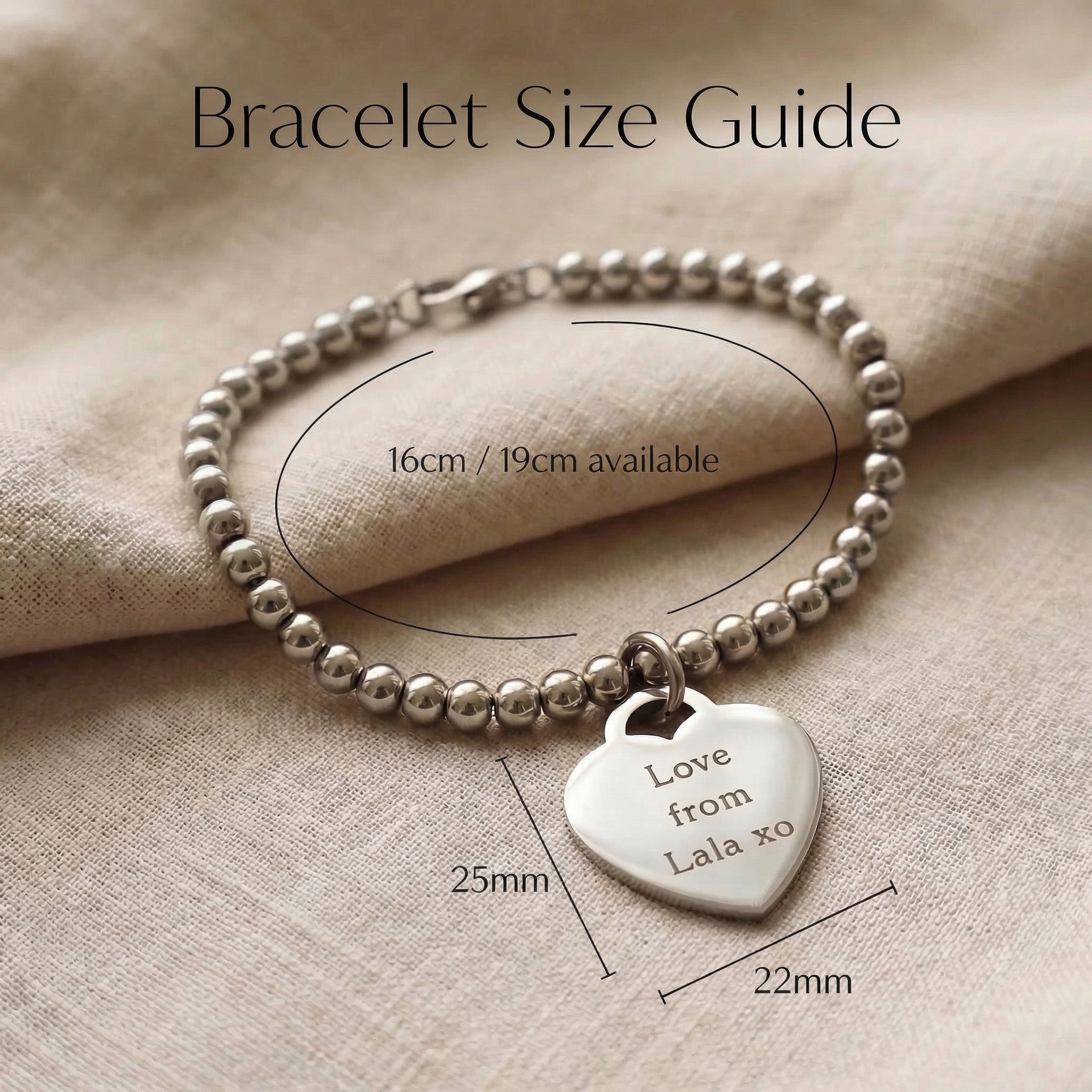 Forever In My Heart Charm Bracelet size guide showing bracelet length and charm dimensions