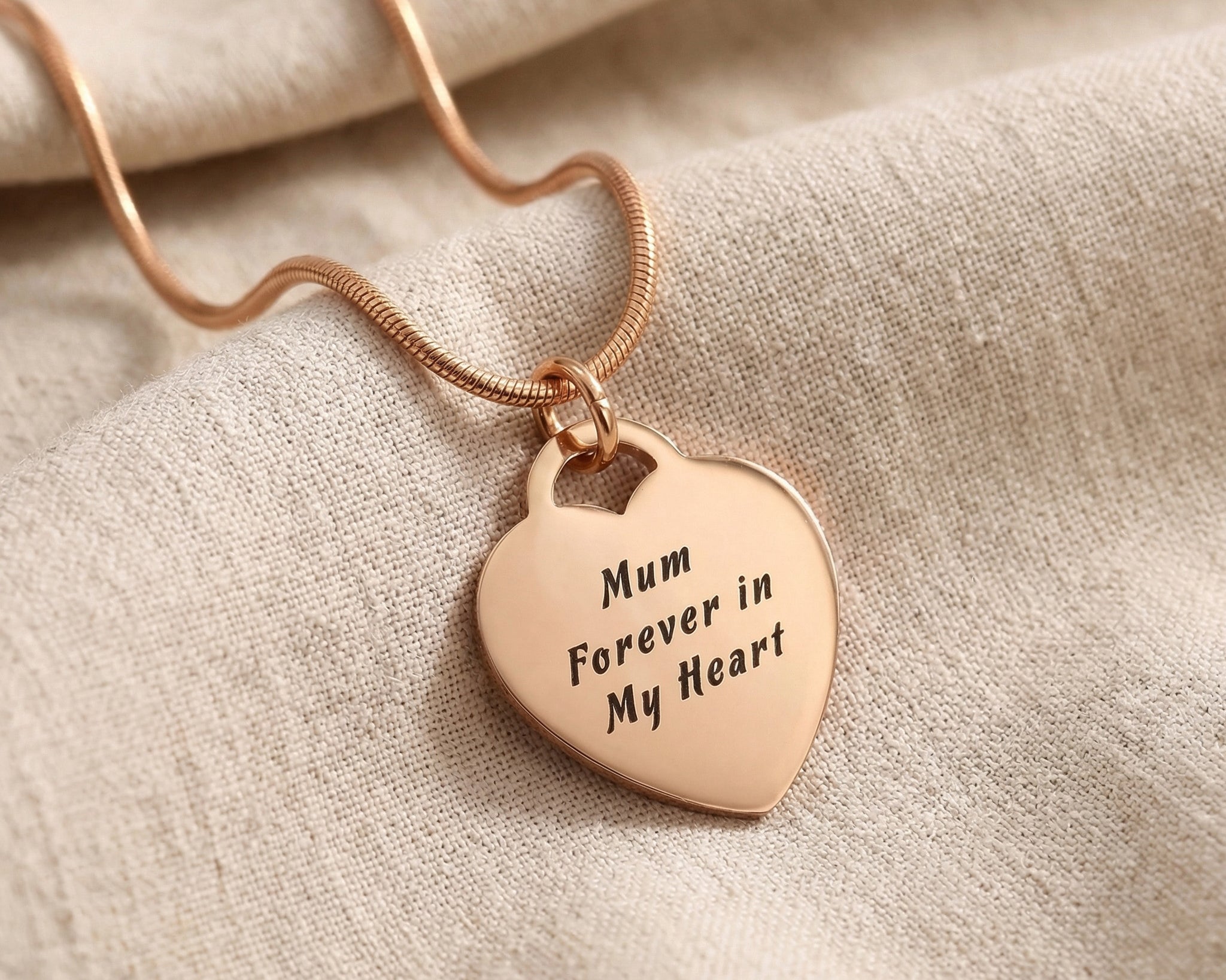 Forever In My Heart Necklace in rose gold with engraved heart pendant, personalised jewellery piece