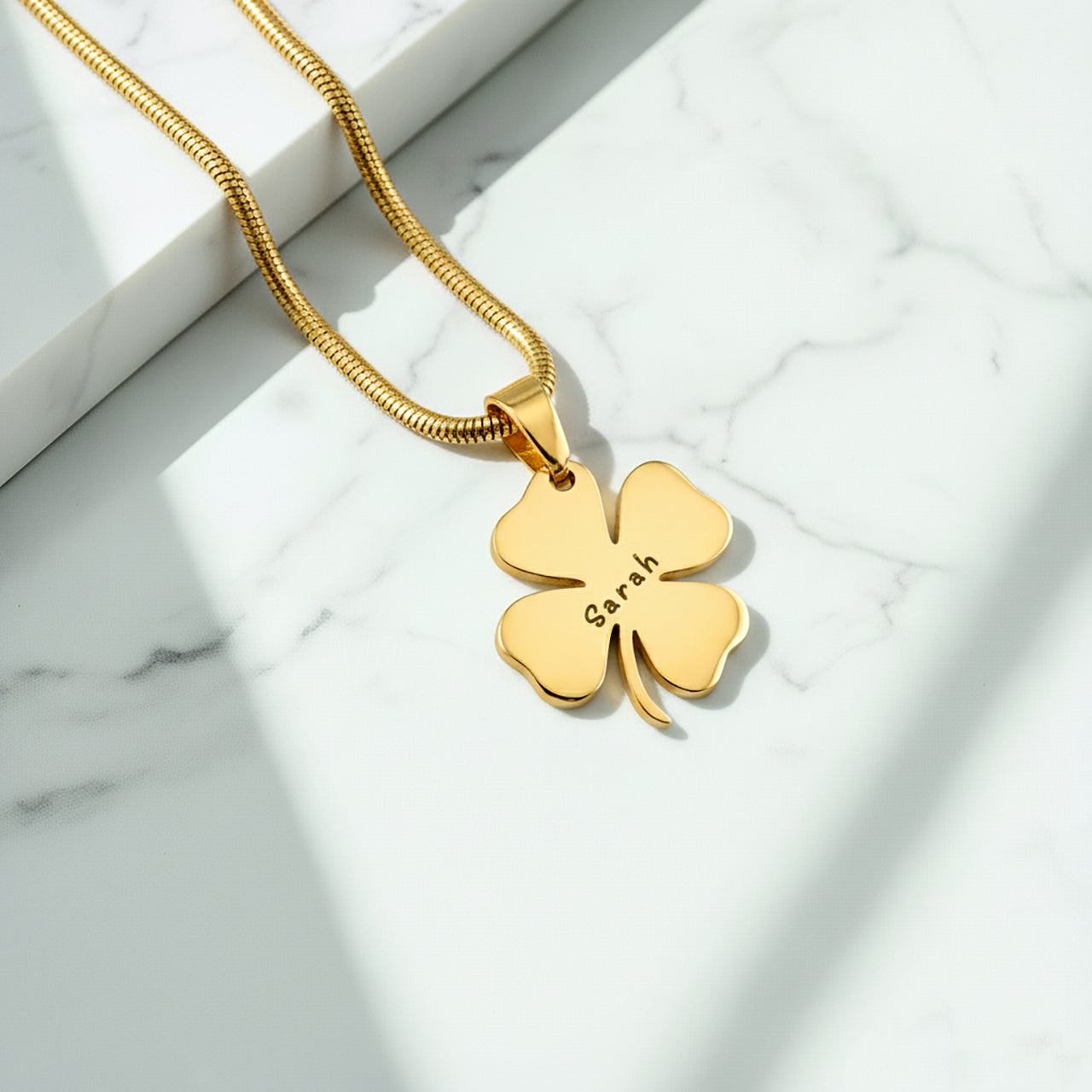 Belle Fever Personalized Four Leaf Clover Necklace, custom name pendant symbolizing good luck, new beginnings & heartfelt connection.