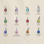 Birthstone color chart showing available gemstone options for necklace and keyring customization