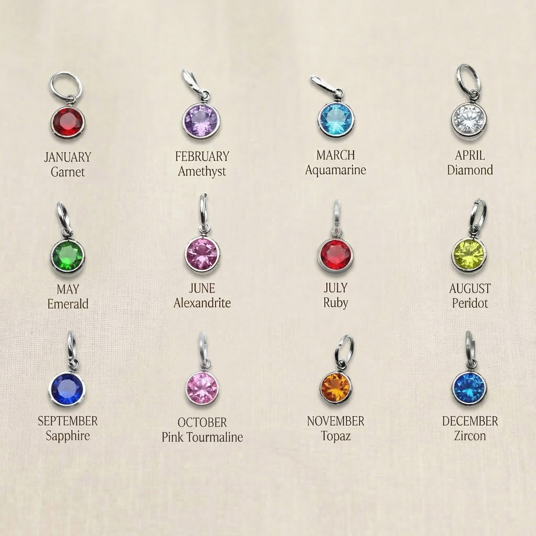 Birthstone color chart showing available gemstone options for necklace and keyring customization