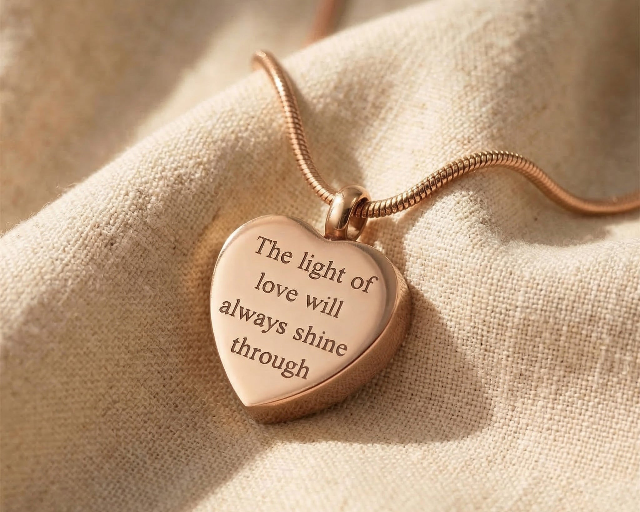 Heart Cremation Necklace in rose gold with engraved message, memorial jewellery piece