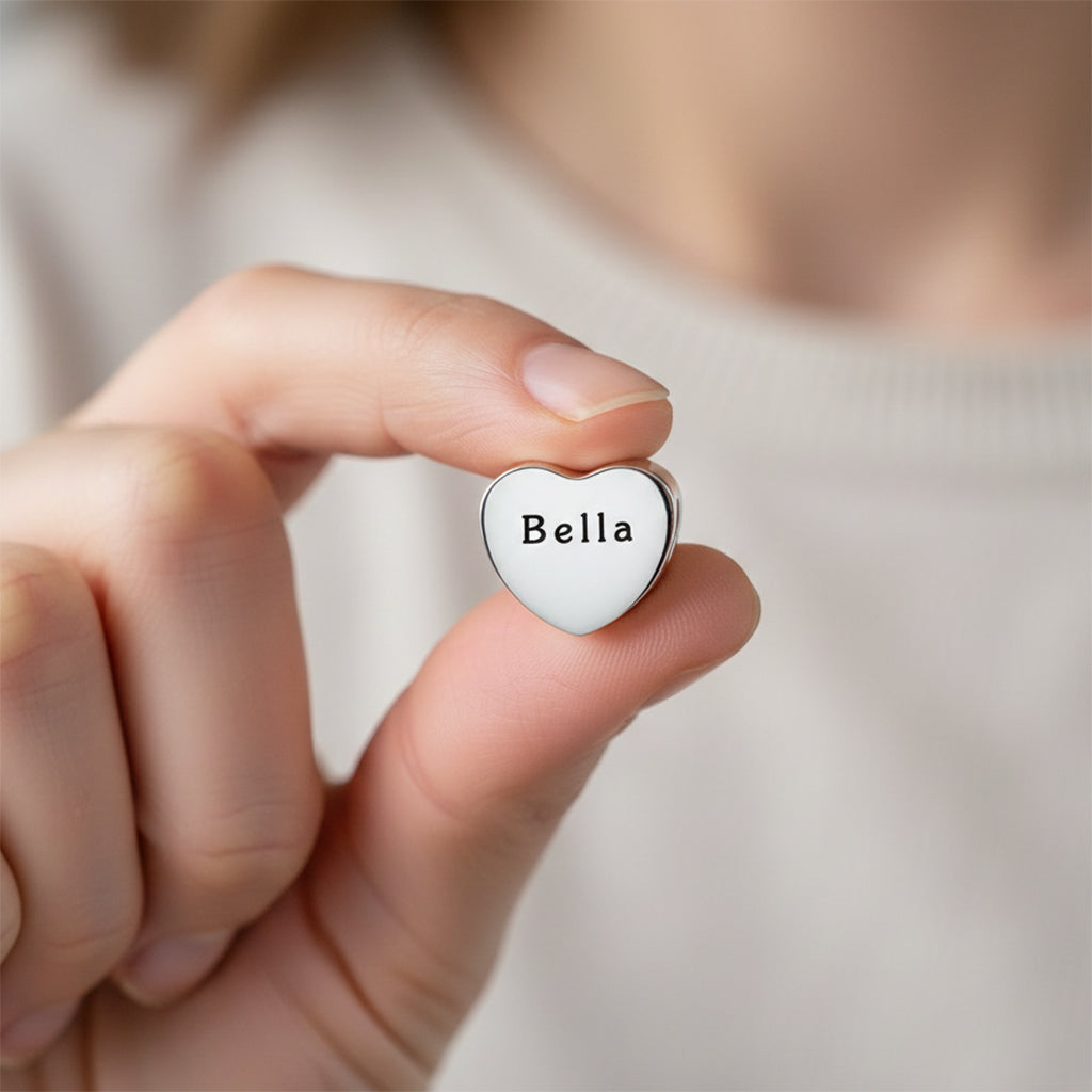 belle fever engraved heart charm bead held in hand, custom name charm for Moments bracelet fits European style jewelry