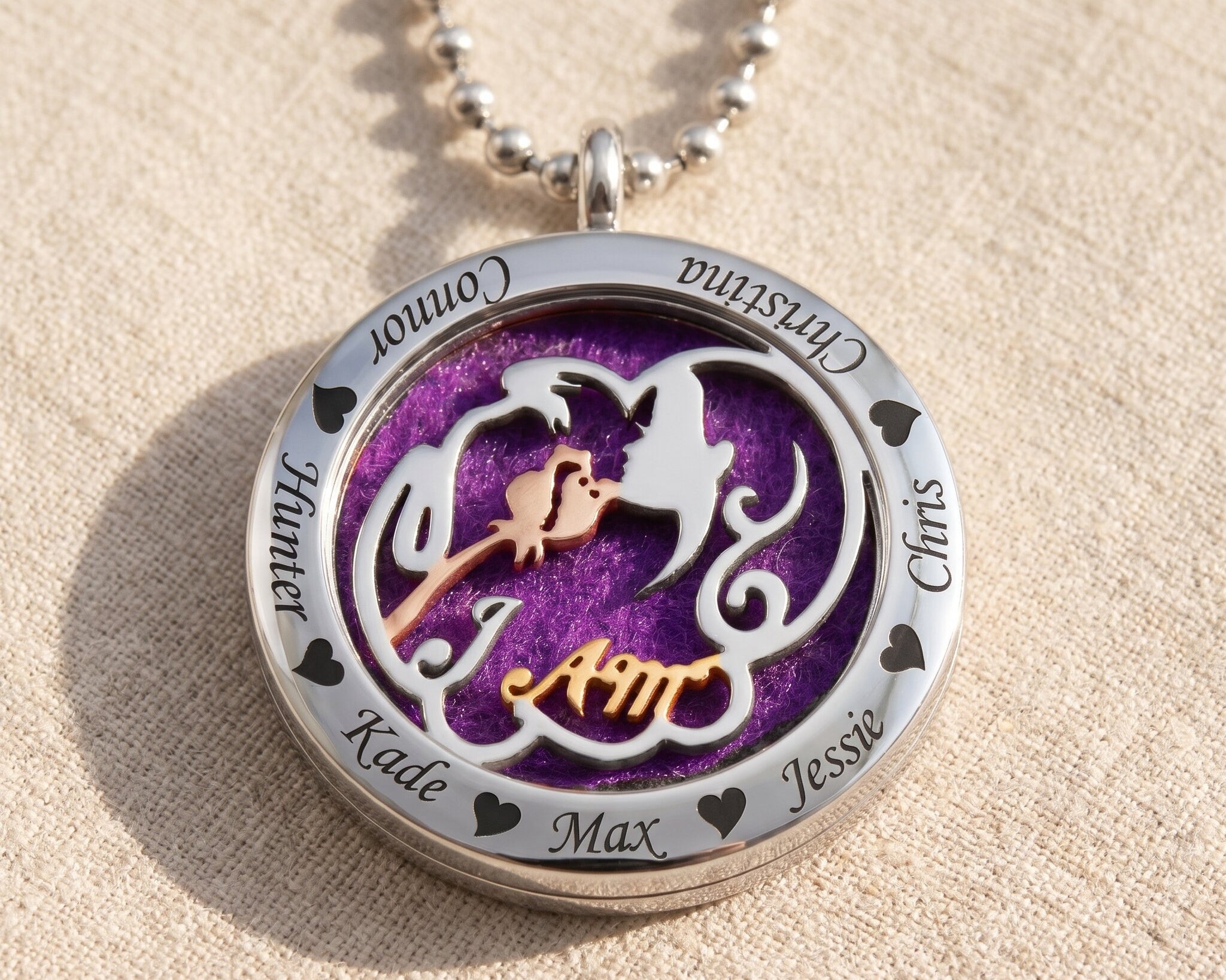 Perfume locket necklace in silver with decorative insert, meaningful jewellery to hold personal scent