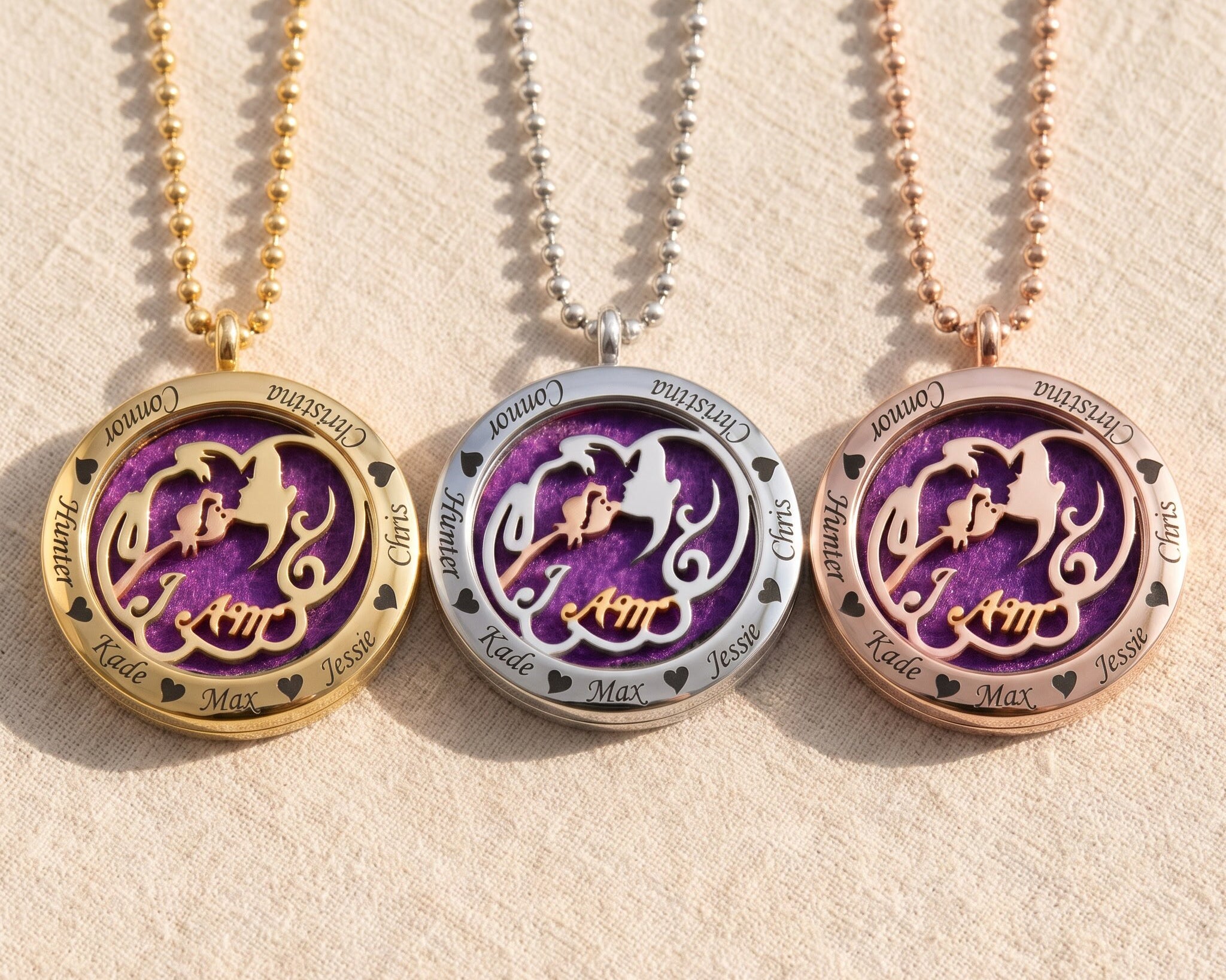 Perfume locket necklace tone comparison showing gold, silver and rose gold keepsake jewellery options
