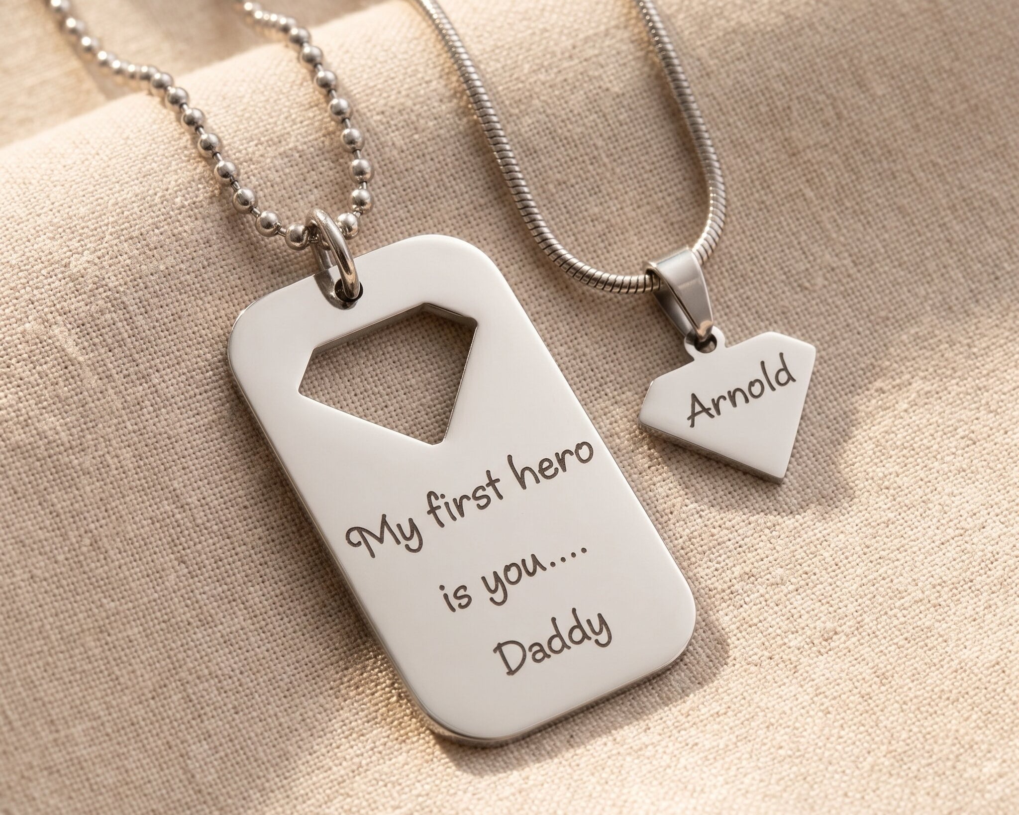 Heroic man dog tag necklace in silver with engraved message, personalised memorial keepsake jewellery