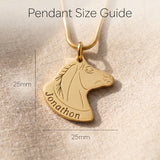Horse head name necklace size guide showing pendant dimensions and chain length