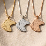 Horse head name necklace tone comparison showing gold, silver and rose gold finishes