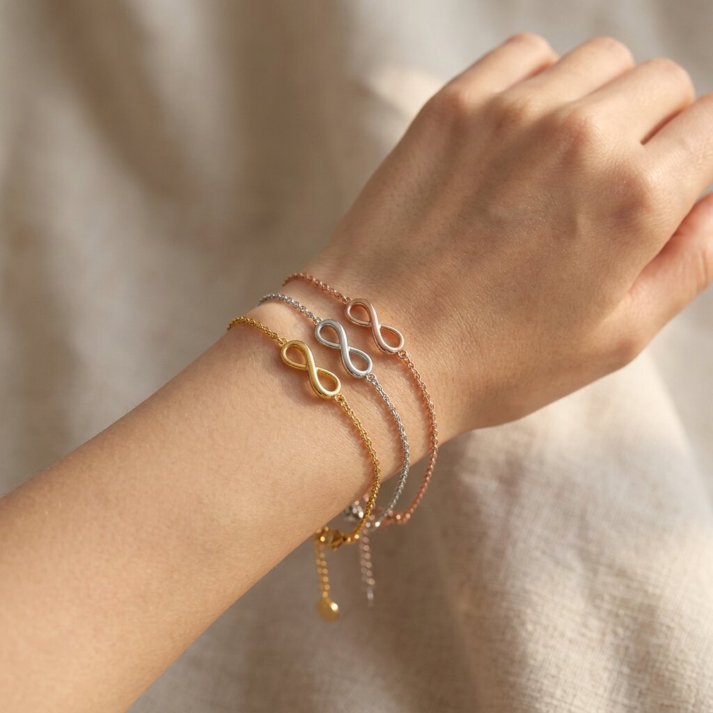 Infinity bracelet worn on wrist with fine chain and infinity symbol detail