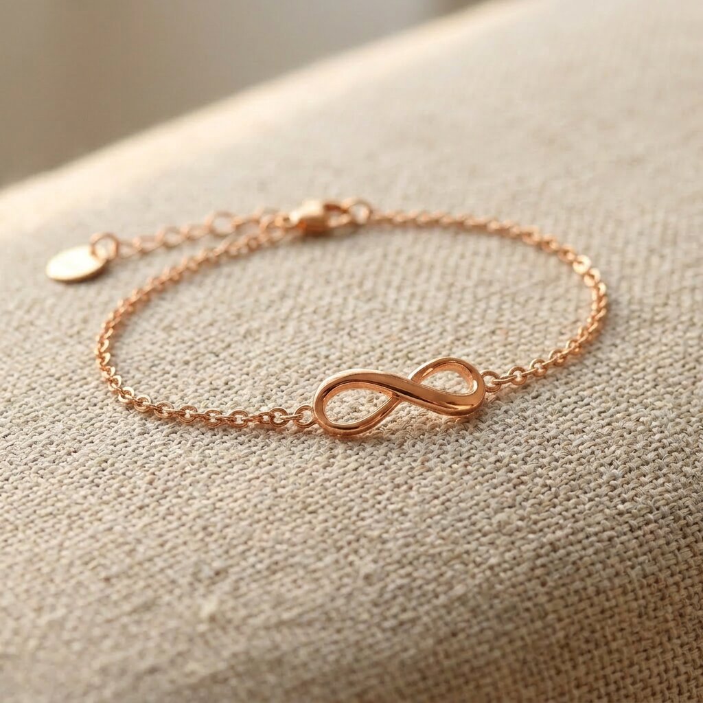 Rose gold infinity bracelet with delicate chain and infinity symbol design
