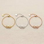 Infinity bracelet in gold silver and rose gold finishes with delicate chain design
