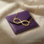 Infinity name necklace displayed with elegant jewelry gift wallet packaging