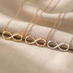 Infinity name necklace in gold silver and rose gold finishes with custom name design