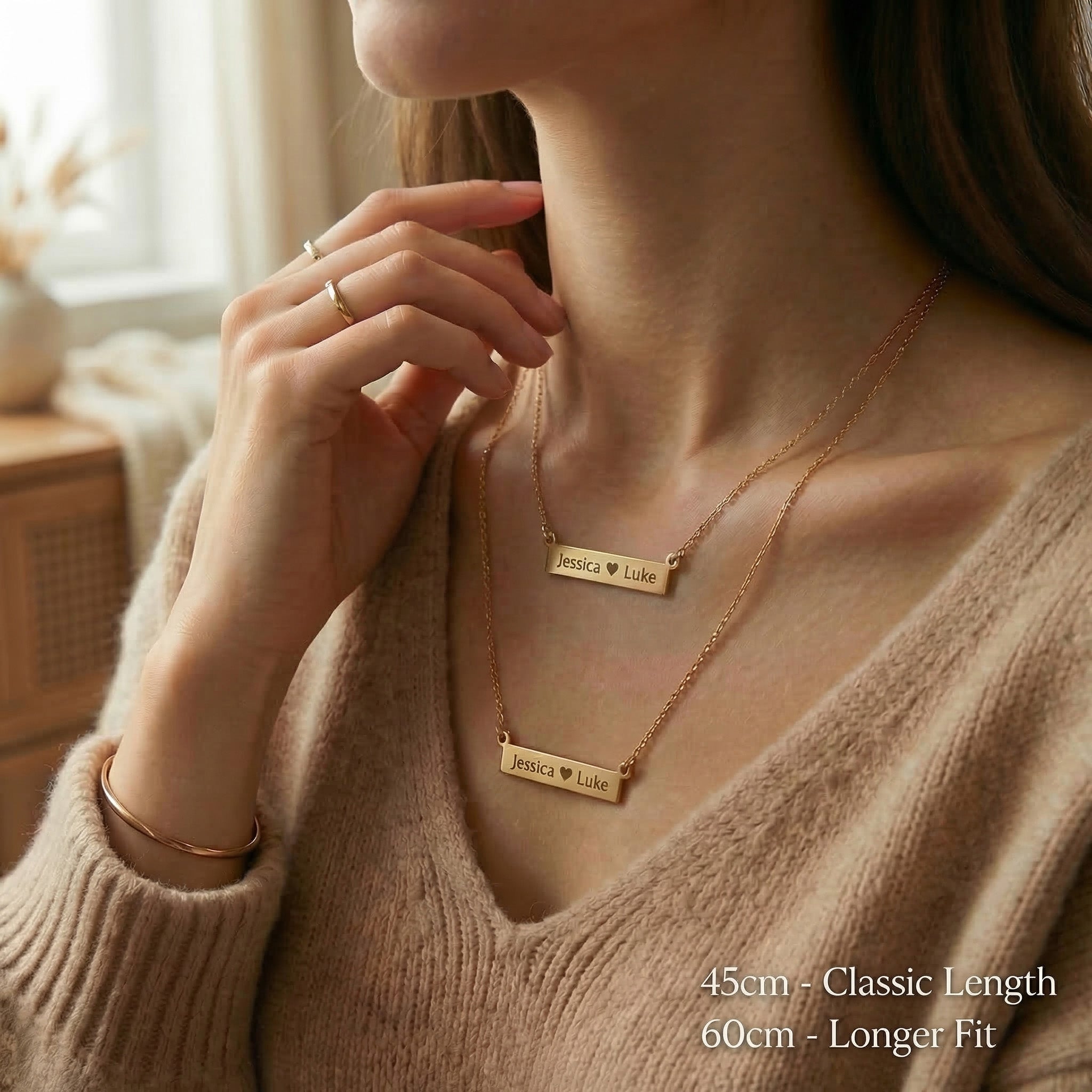 Jess Bar Necklace worn showing chain length options for personalised name jewellery styling