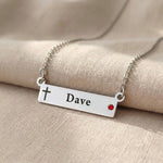 Jess Bar Necklace engraving options showing custom names, cross symbols and birthstone 