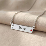 Jess Bar Necklace engraving options showing custom names, cross symbols and birthstone 