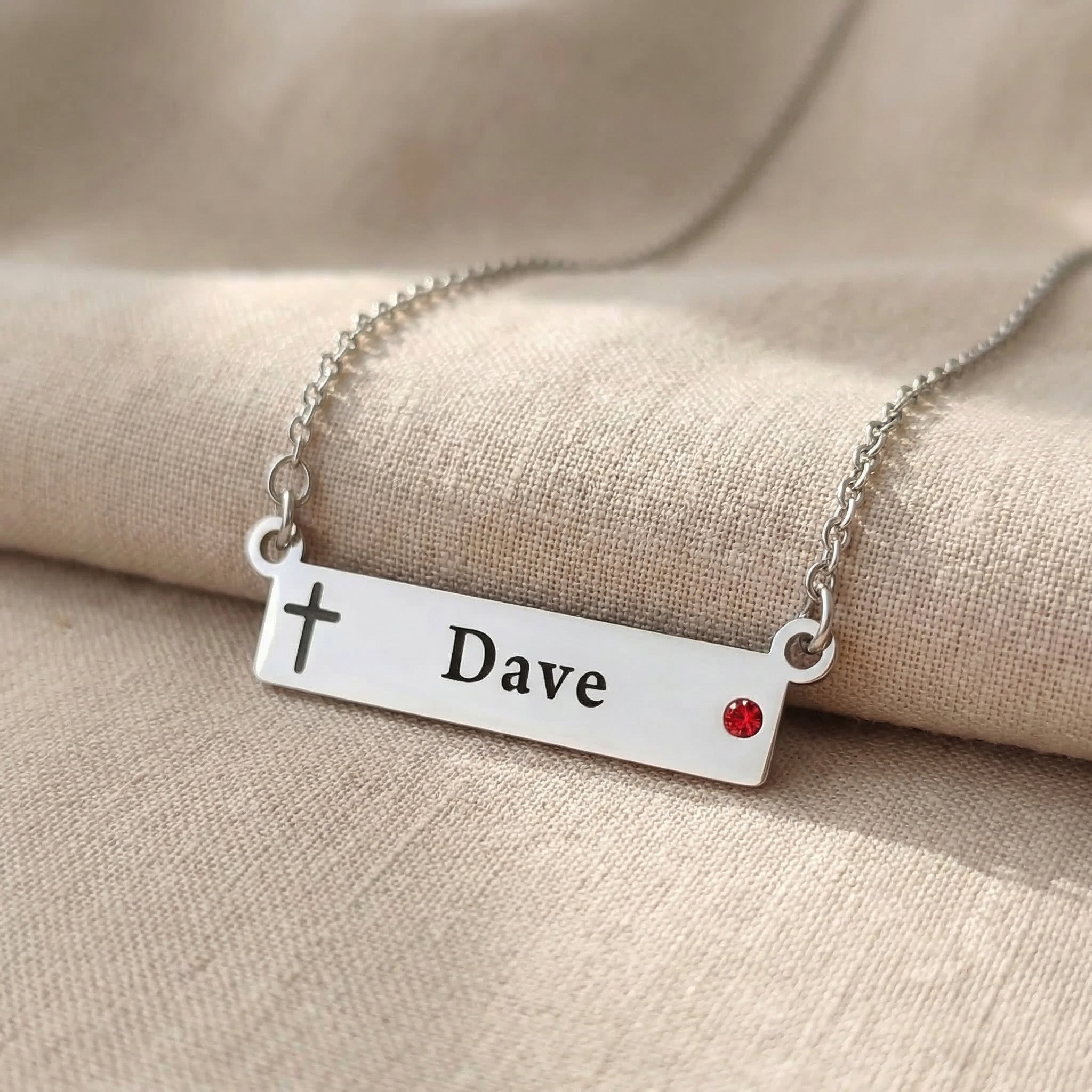 Jess Bar Necklace engraving options showing custom names, cross symbols and birthstone 