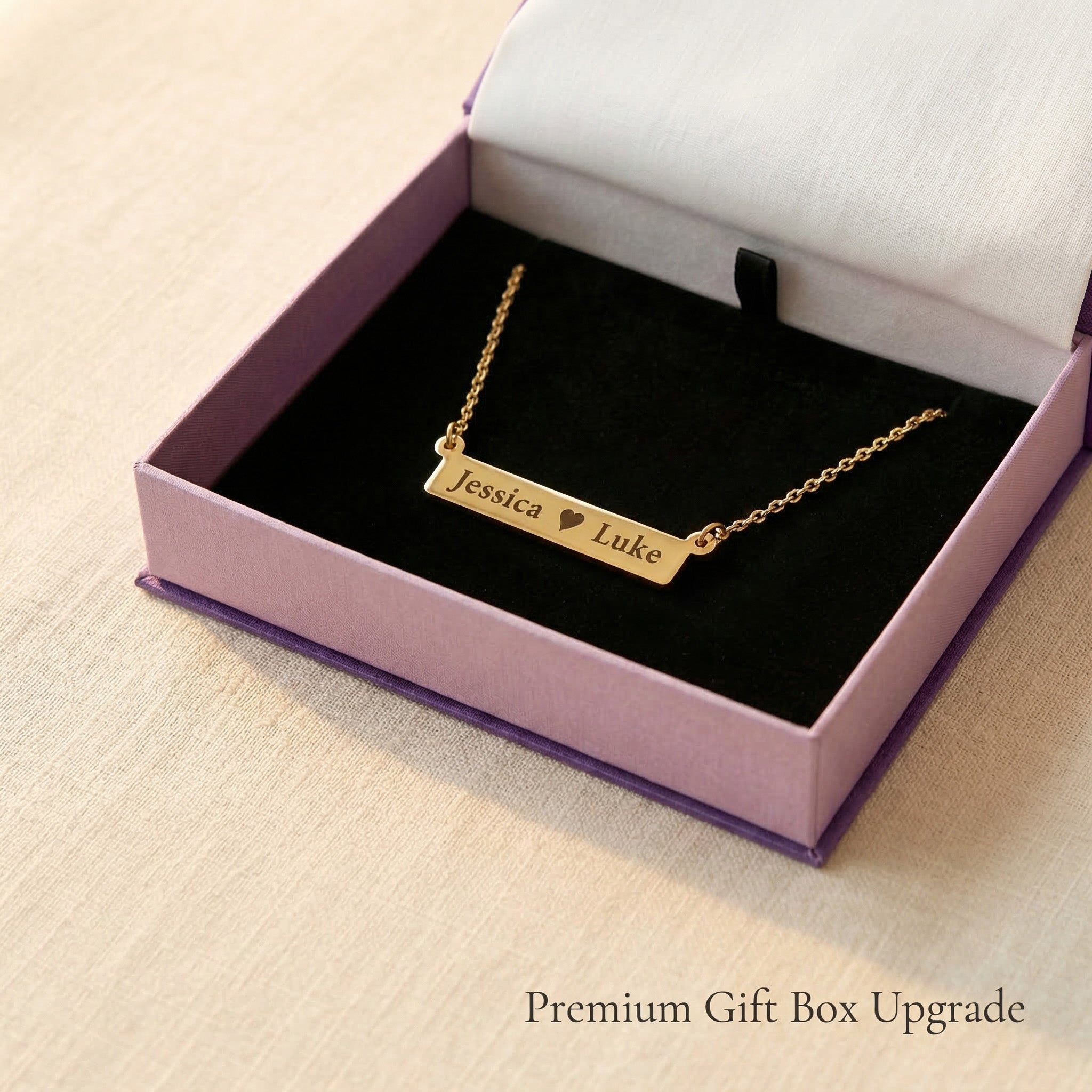Jess Bar Necklace in premium gift box with engraved name bar, personalised jewellery gift idea