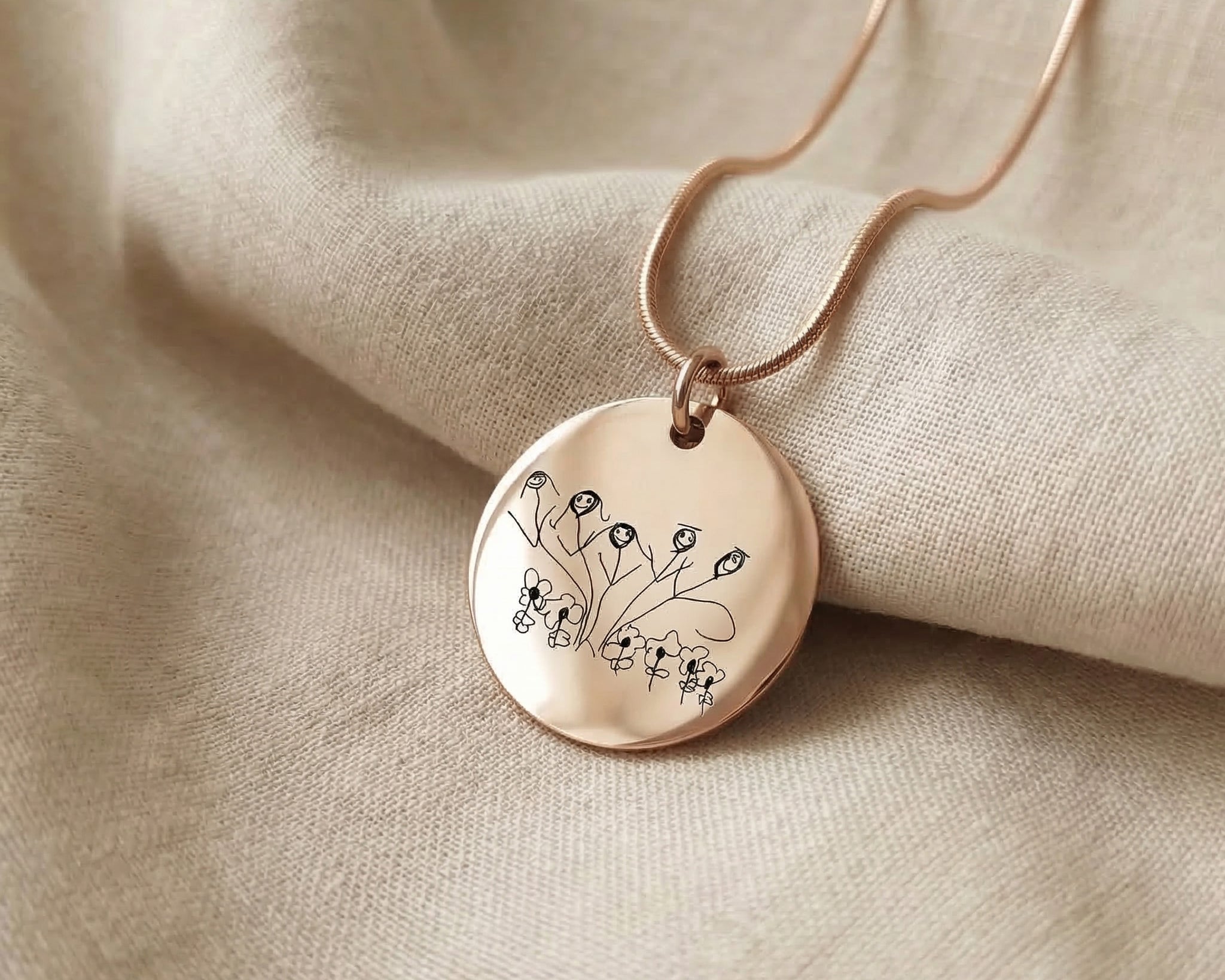 Rose gold kids drawing necklace with custom engraved artwork on pendant