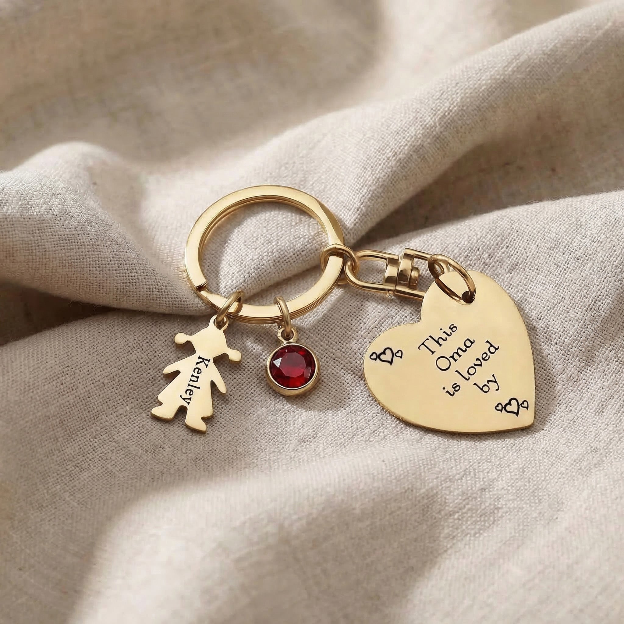 Kids Love Heart Keyring in gold with engraved heart disc and charm, personalised keepsake gift