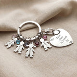 Kids Love Heart Keyring showing multiple charm options with engraved heart disc and child figures