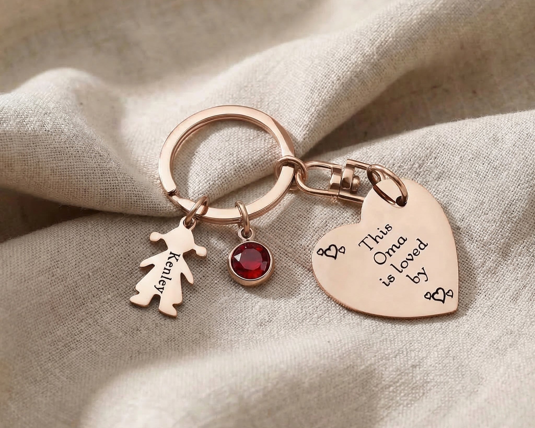Kids Love Heart Keyring in rose gold with engraved heart disc and charm, meaningful keepsake gift