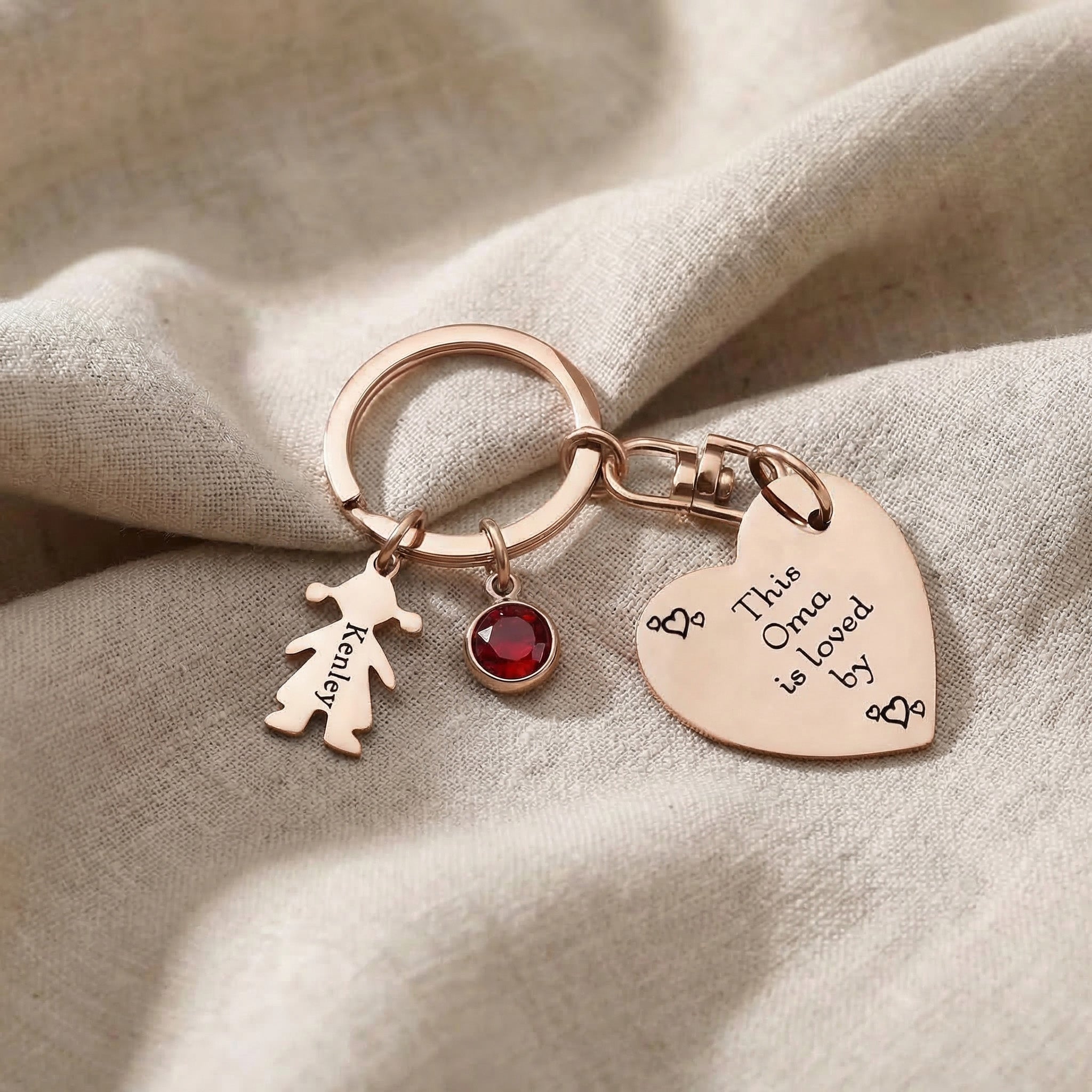 Kids Love Heart Keyring in rose gold with engraved heart disc and charm, meaningful keepsake gift