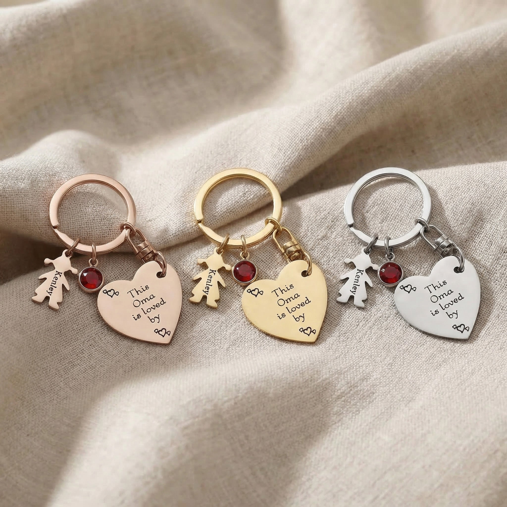Kids Love Heart Keyring tone comparison showing gold, silver and rose gold engraved keyrings