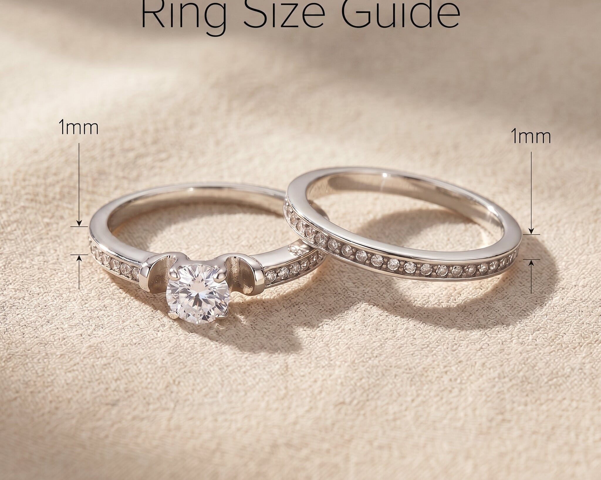 Love crystal two ring set size guide showing band width and centre stone proportions
