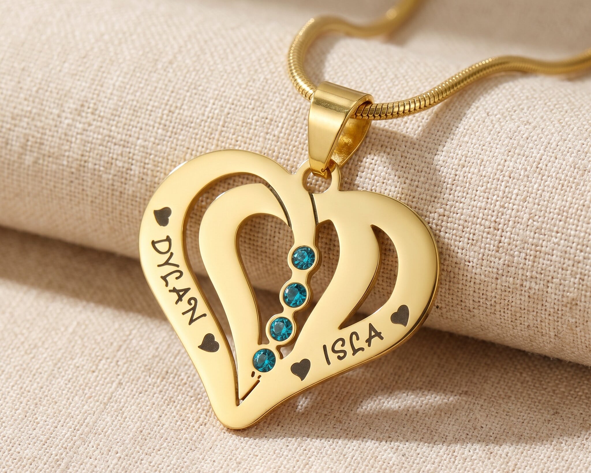 Birthstone heart necklace with custom gemstone placements, personalised family keepsake jewellery